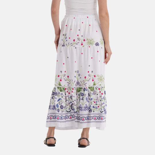 Maxirock mit Blumenprint aus 100% Viskose, 90 cm, Weiß mit floralen Akzenten - Einheitsgröße, weiß
