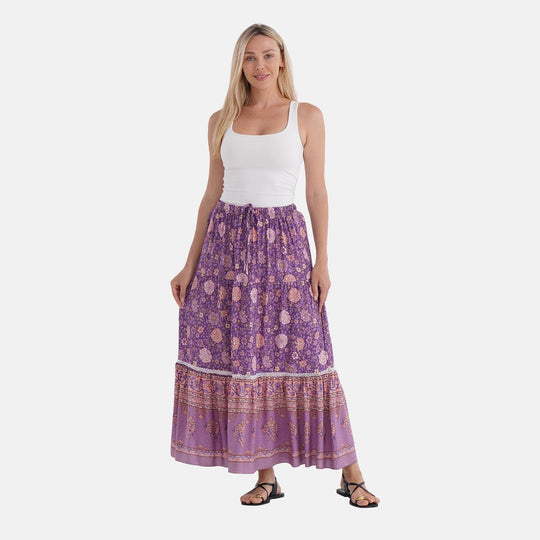 Maxirock mit sommerlichem Blumenprint und elastischem Bund, 75 cm Länge, 100% Viskose, Rosa