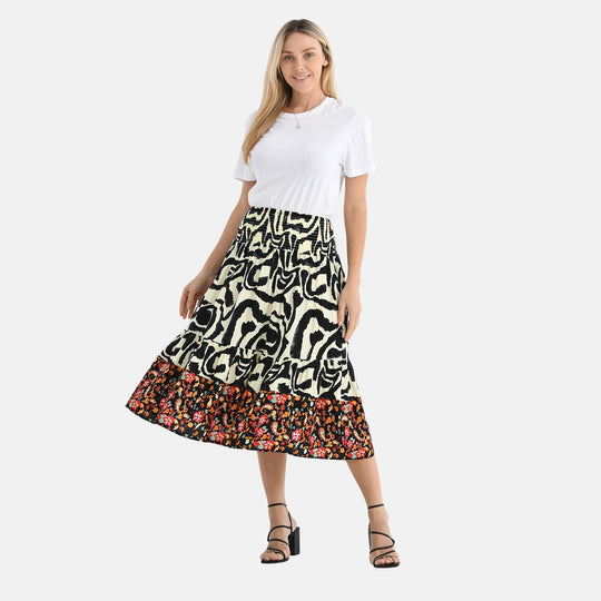 Maxirock mit sommerlichem Blumenprint und elastischem Bund, 75 cm Länge, 100% Viskose, Rosa