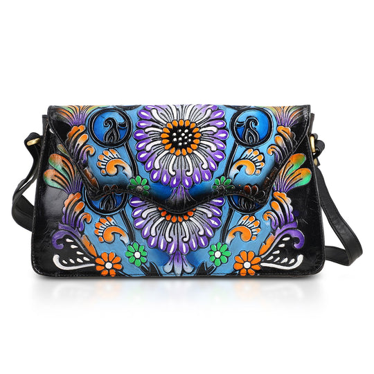 SUKRITI handbemalte Echtleder Tasche mit Prägung 32 x 6 x 19 cm, Braun
