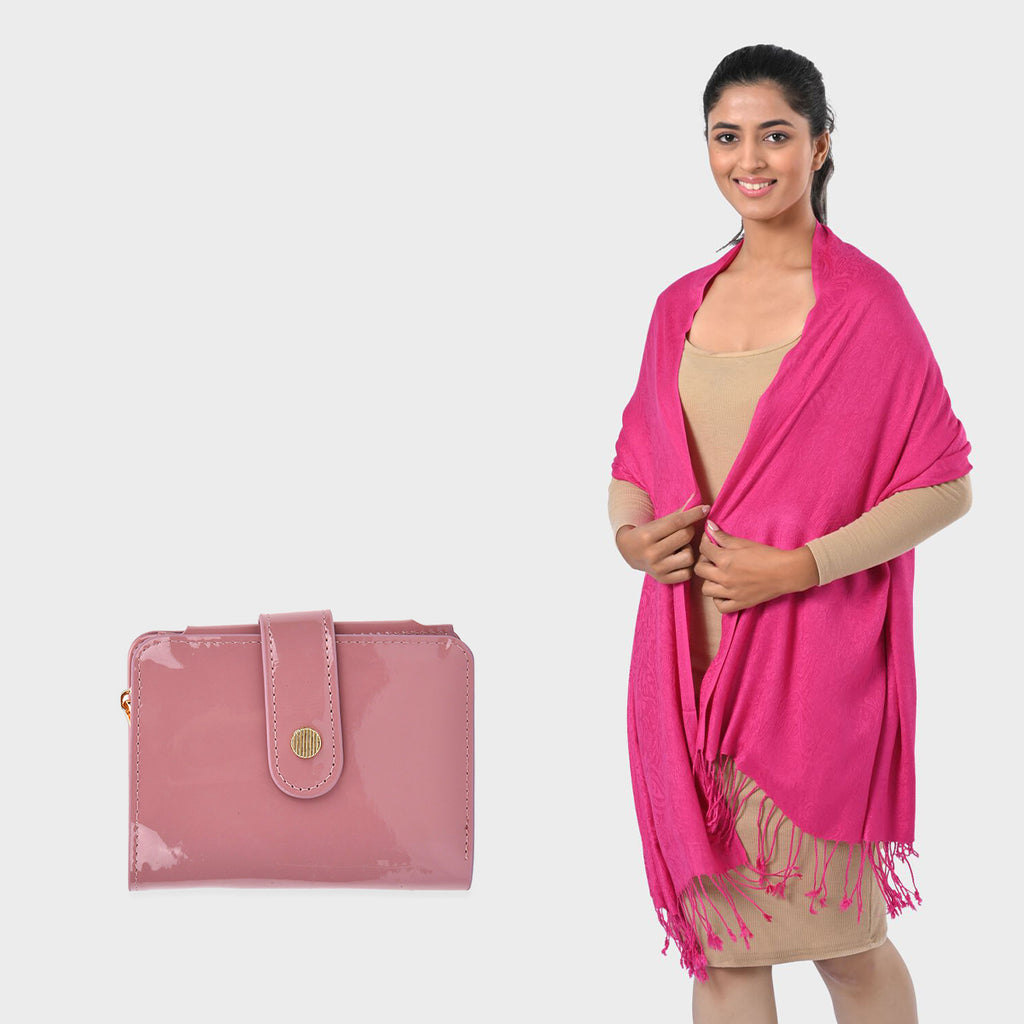 Jacquard-Schal aus Viskose und Geldbörse aus PU-Leder mit RFID-Schutz Rosa