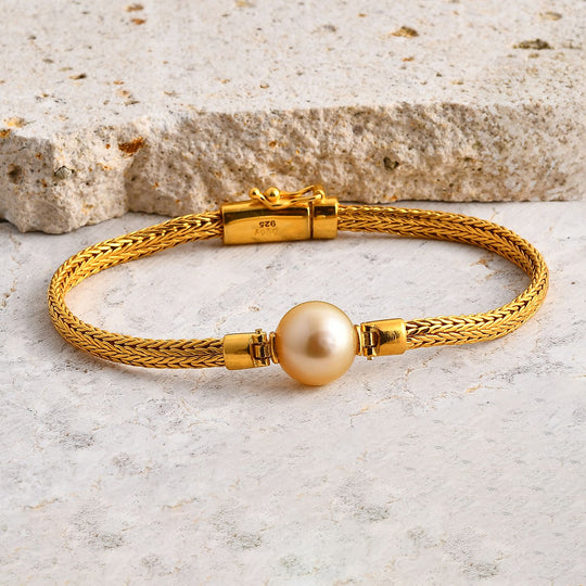 AAA Goldene Südsee Perle (11-12 mm), Lab Grown Diamant Armband ca. 19 cm 925 Silber