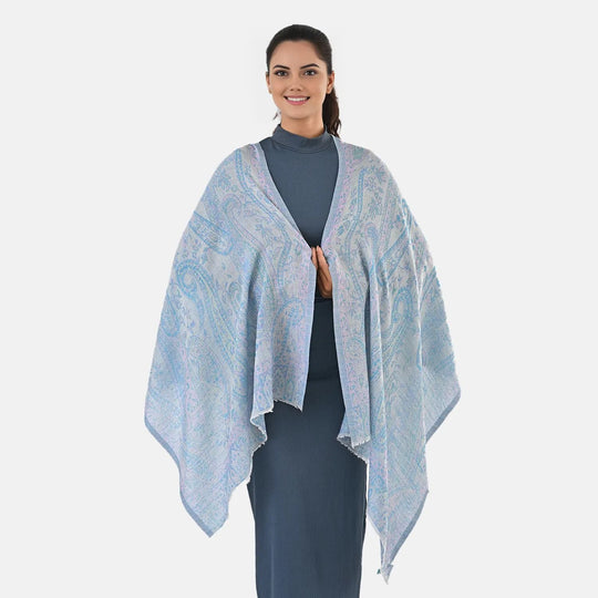 CLOSE OUT DEAL - Jacquard gewebter Paisley Stola, 82% hochwertiger Merino Wolle 18% Maulbeerenseide, 70 x 200 cm, Hellblau