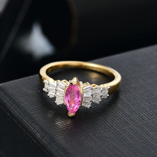 AAA Ilakaka Rosa Saphir (Fissure gefüllt), Moissanit Ring 925 Silber 750 Gelbgold Vermeil (Größe 20.00) ca. 1,17 ct