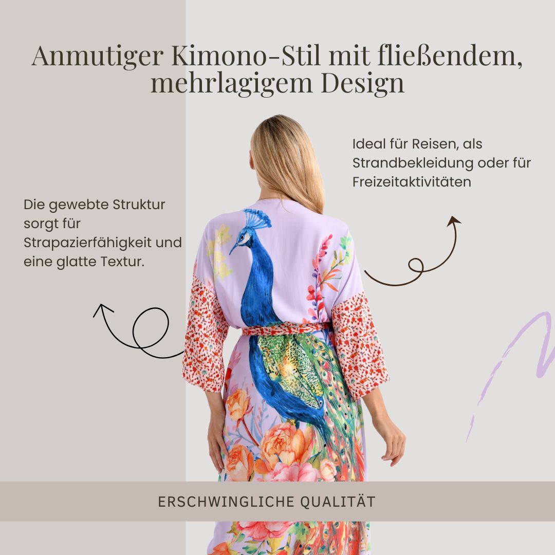 Kimono mit Vogel- und Blumenprint, fließende Passform, 78x128 cm, Beige