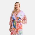 Kimono mit Vogel- und Blumenprint, fließende Passform, 78x128 cm, Beige