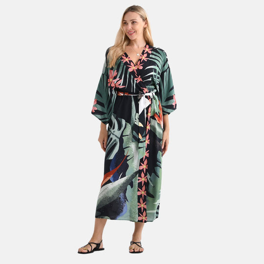 Kimono mit Vogel- und Blumenprint, fließende Passform, 78x128 cm, Lila