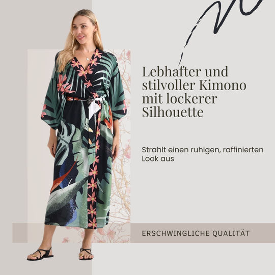 Kimono mit Vogel- und Blumenprint, fließende Passform, 78x128 cm, Blau
