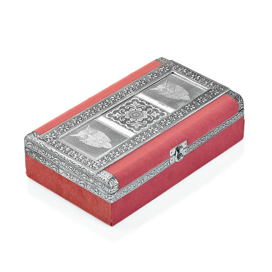 Handgefertigte Schmuckschatulle mit Eulenprägung, oxidiertes Silber-Rosa, 24,2x15x7 cm