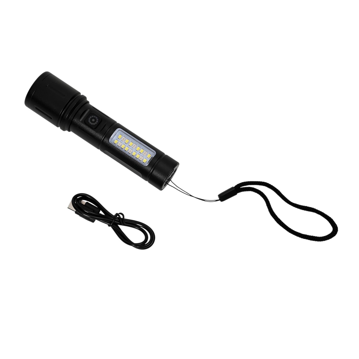 Wiederaufladbare LED-Taschenlampe mit 6 Lichtmodi und verstellbarem Kopf, 1200 mAh Akku, Aluminiumgehäuse, 35x138 mm, Schwarz