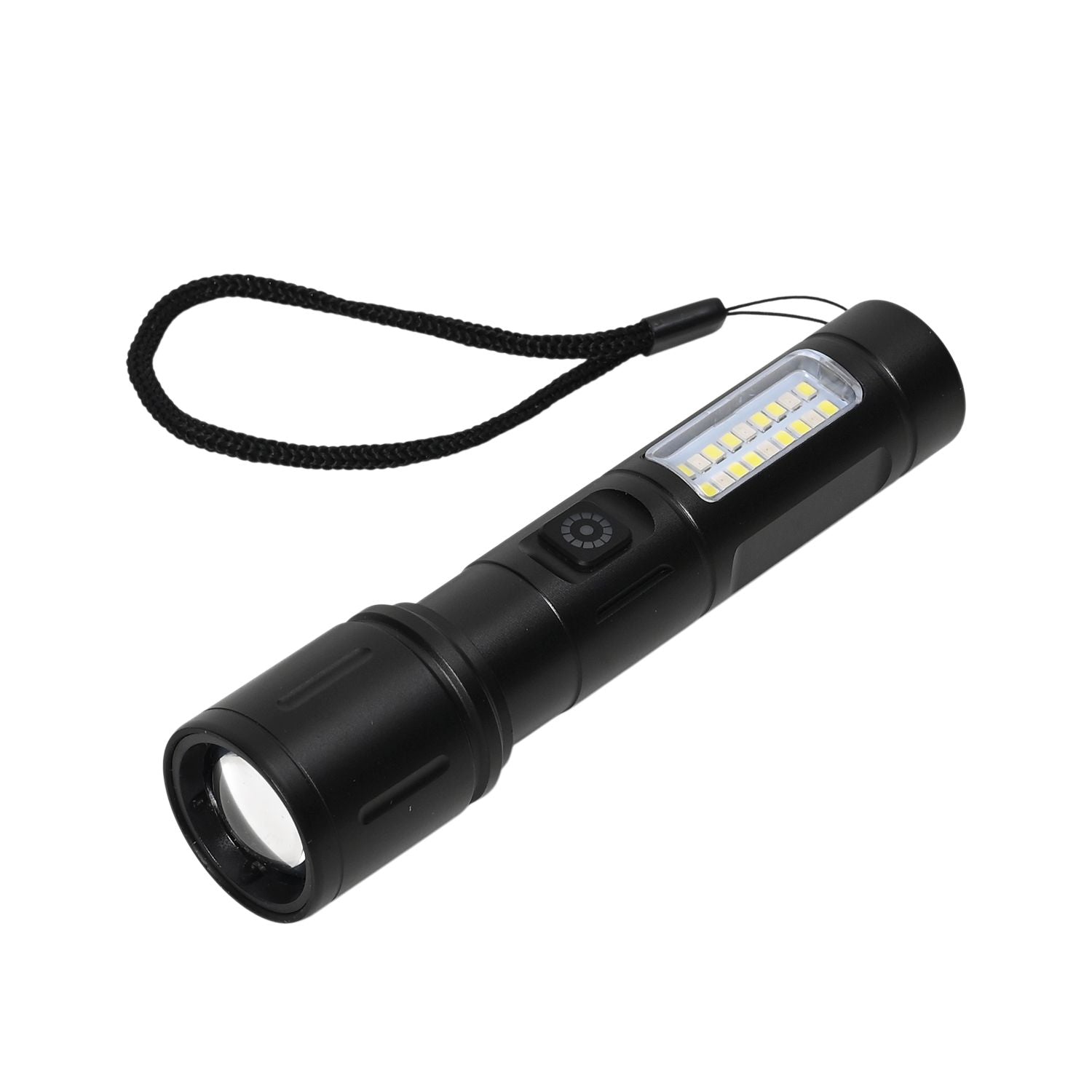 Wiederaufladbare LED-Taschenlampe mit 6 Lichtmodi und verstellbarem Kopf, 1200 mAh Akku, Aluminiumgehäuse, 35x138 mm, Schwarz