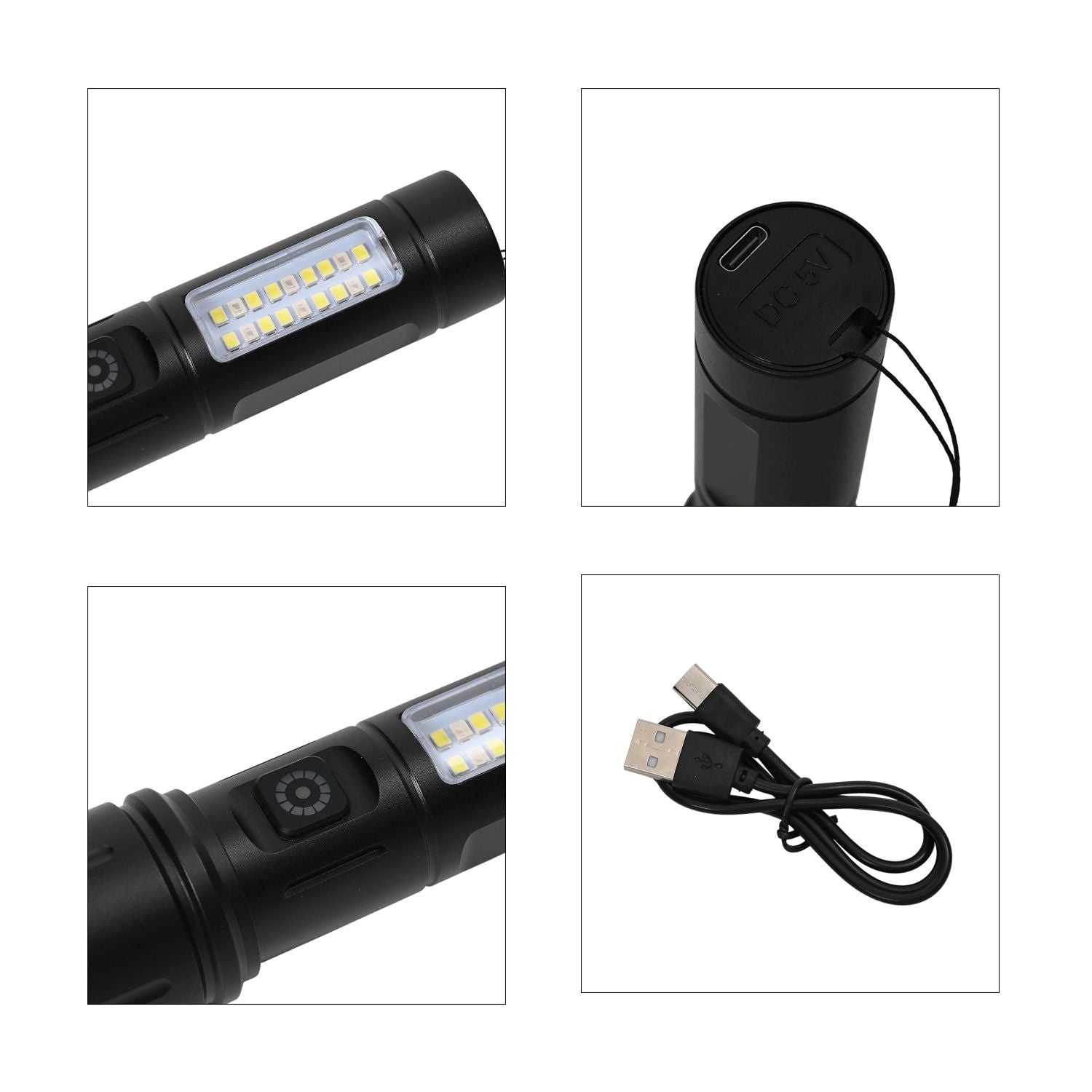 Wiederaufladbare LED-Taschenlampe mit 6 Lichtmodi und verstellbarem Kopf, 1200 mAh Akku, Aluminiumgehäuse, 35x138 mm, Schwarz