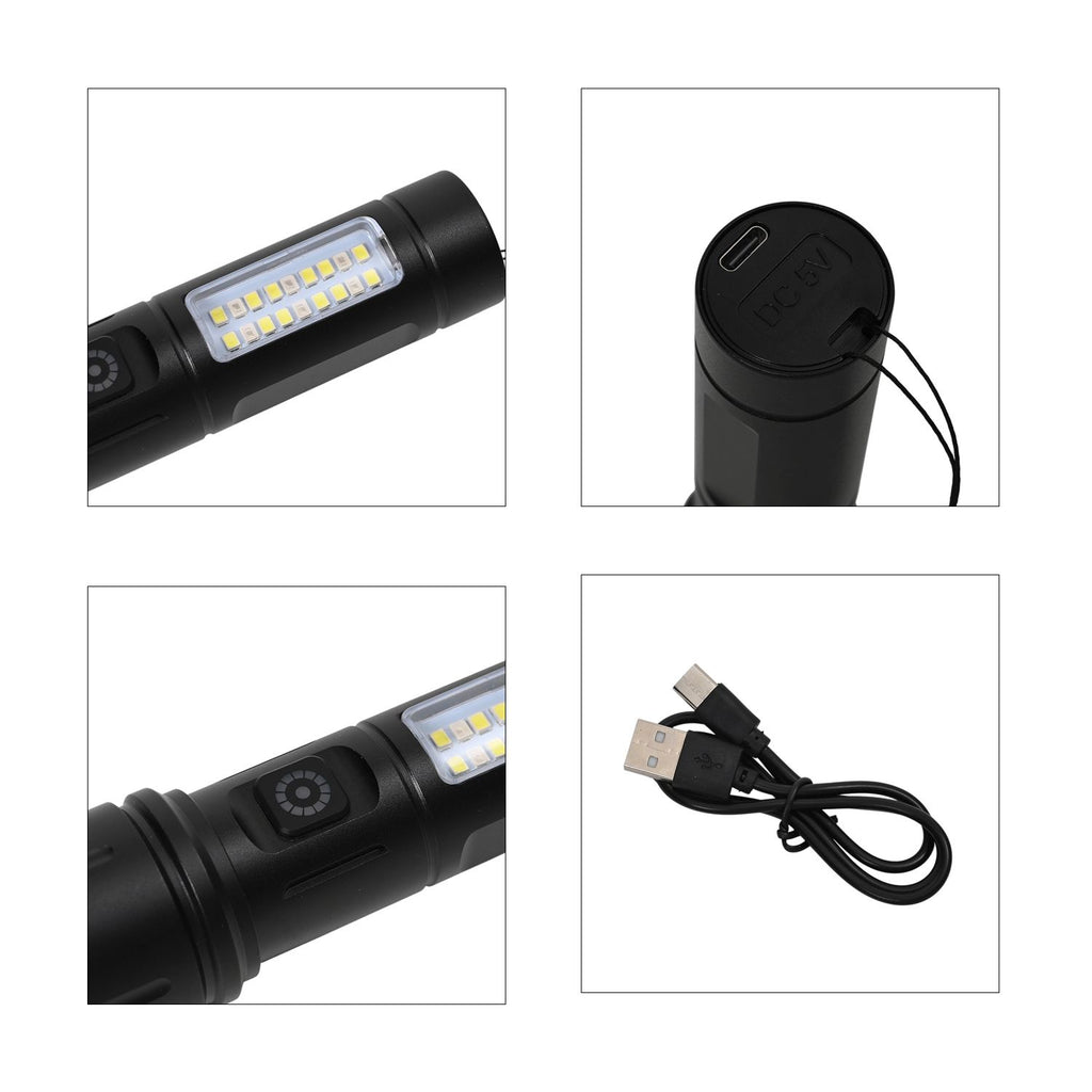 Wiederaufladbare LED-Taschenlampe mit 6 Lichtmodi und verstellbarem Kopf, 1200 mAh Akku, Aluminiumgehäuse, 35x138 mm, Schwarz