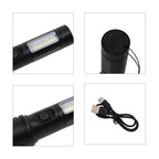 Wiederaufladbare LED-Taschenlampe mit 6 Lichtmodi und verstellbarem Kopf, 1200 mAh Akku, Aluminiumgehäuse, 35x138 mm, Schwarz