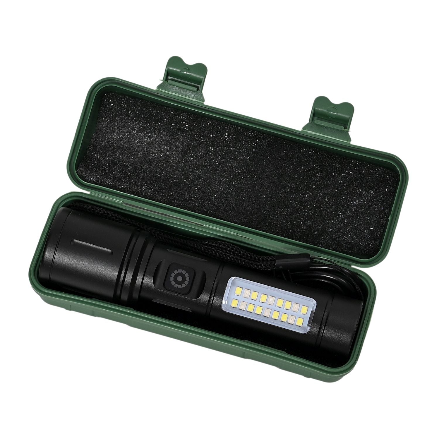 Wiederaufladbare LED-Taschenlampe mit 6 Lichtmodi und verstellbarem Kopf, 1200 mAh Akku, Aluminiumgehäuse, 35x138 mm, Schwarz