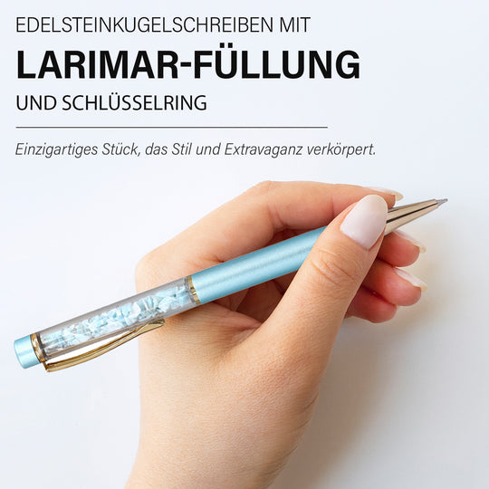 Larimar-Kugelschreiber mit echten Edelsteinchips, inkl. Ersatzmine und Schlüsselanhänger, 14 cm, Blau