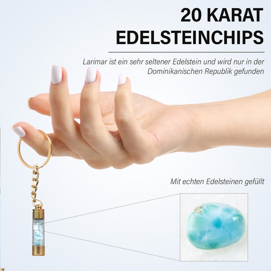 Larimar-Kugelschreiber mit echten Edelsteinchips, inkl. Ersatzmine und Schlüsselanhänger, 14 cm, Blau
