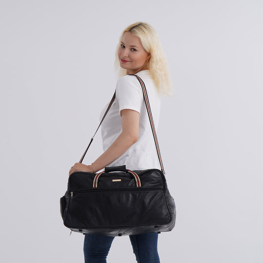 Patchwork-Reisetasche aus weichem Schafleder, mit Tragegriffen und abnehmbarem Schulterriemen, 46x25x27 cm, Schwarz