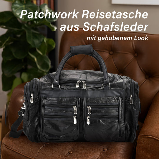 CLOSE OUT - Patchwork-Reisetasche aus Schafleder mit 6 Außentaschen und Schulterriemen, 51x29x28 cm, Blau