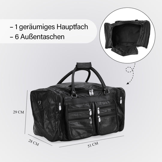 CLOSE OUT - Patchwork-Reisetasche aus Schafleder mit 6 Außentaschen und Schulterriemen, 51x29x28 cm, Blau