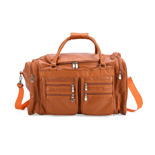 CLOSE OUT - Patchwork-Reisetasche aus Schafleder mit 6 Außentaschen und Schulterriemen, 51x29x28 cm, Blau