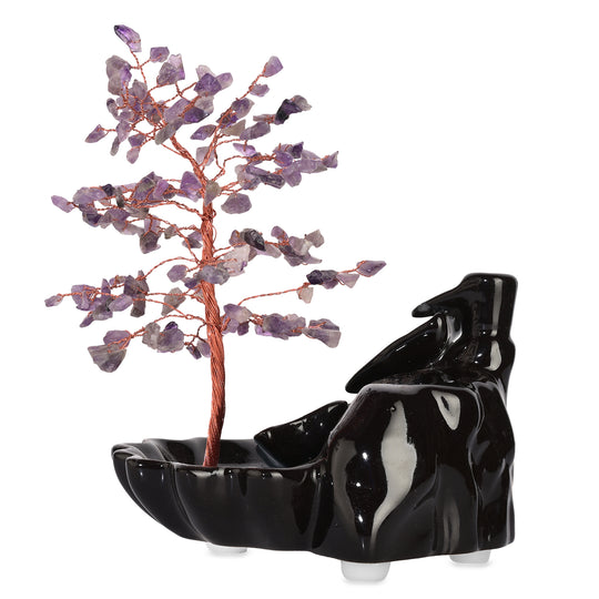 Amethyst Räucherkegelhalter mit Rückfluss Effekt und Kristallbaum, inkl. 30 Räucherkegel, 18 x 10 x 20 cm, Lila