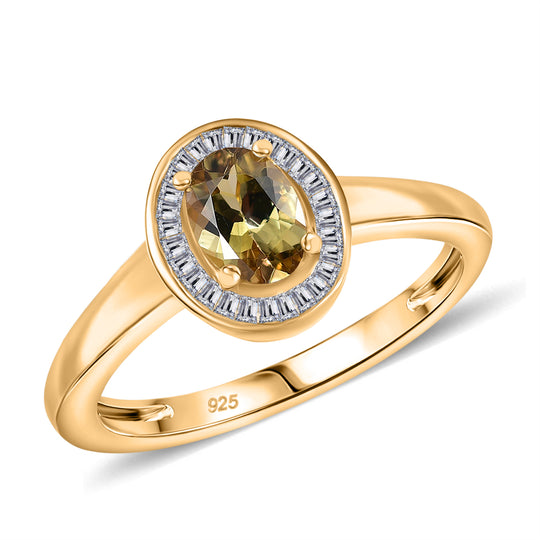 AA Natürlicher goldener Tansanit, Weißer Diamant Ring 925 Silber 750 Gelbgold Vermeil (Größe 21.00) ca. 0,84 ct