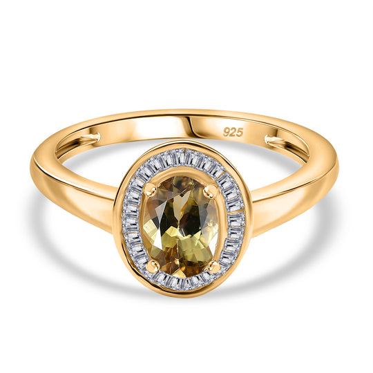 AA Natürlicher goldener Tansanit, Weißer Diamant Ring 925 Silber 750 Gelbgold Vermeil (Größe 21.00) ca. 0,84 ct
