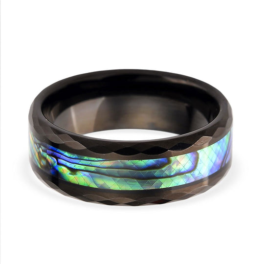 Abalone Muschel Ring Reines Wolframcarbid IP-Schwarz-Plattierung (Größe 18.75)