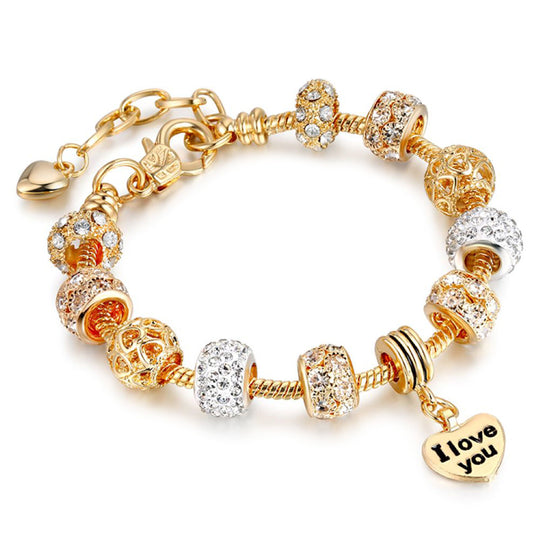 Designer-inspiriertes Charm-Armband - Mehrfarbige Glas mit Rosa Kristall, Messing rhodiniert, 19 cm, Silber-/Rosafarben
