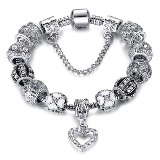 Designer-inspiriertes Charm-Armband - Mehrfarbige Glas mit Rosa Kristall, Messing rhodiniert, 19 cm, Silber-/Rosafarben
