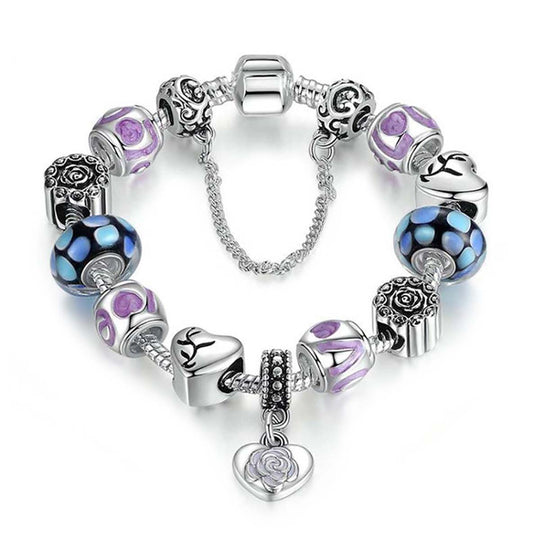 Designer-inspiriertes Charm-Armband - Mehrfarbige Glas mit Rosa Kristall, Messing rhodiniert, 19 cm, Silber-/Rosafarben