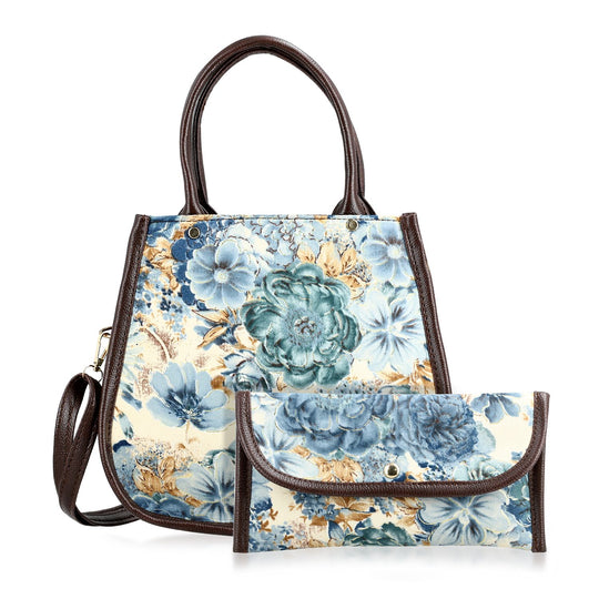 2er Set - Handtasche und Geldbörse, Baumwolle, Grau Floral