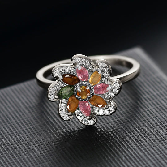Frühlingsblüte- Mehrfarbig-Turmalin Ring 925 Silber rhodiniert (Größe 18.00) ca. 0.99 ct