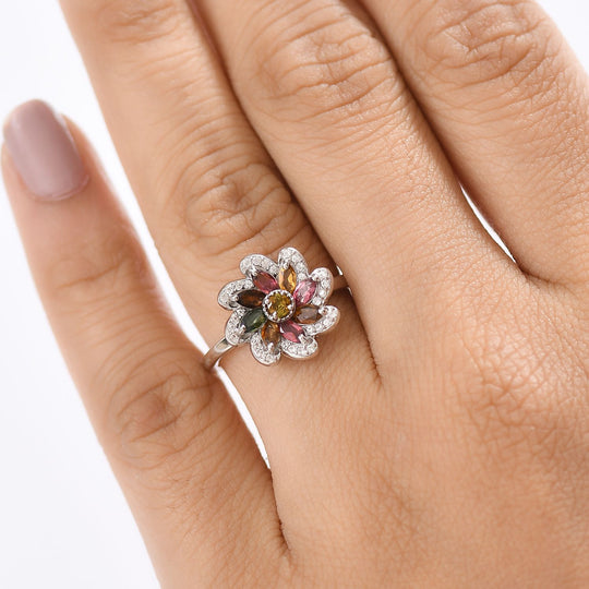 Frühlingsblüte- Mehrfarbig-Turmalin Ring 925 Silber rhodiniert (Größe 18.00) ca. 0.99 ct