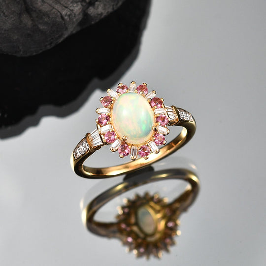 AA Natürlicher, äthiopischer Welo Opal, Rosa Turmalin Ring 925 Silber 750 Gelbgold Vermeil (Größe 21.00) ca. 1,95 ct