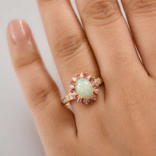AA Natürlicher, äthiopischer Welo Opal, Rosa Turmalin Ring 925 Silber 750 Gelbgold Vermeil (Größe 21.00) ca. 1,95 ct