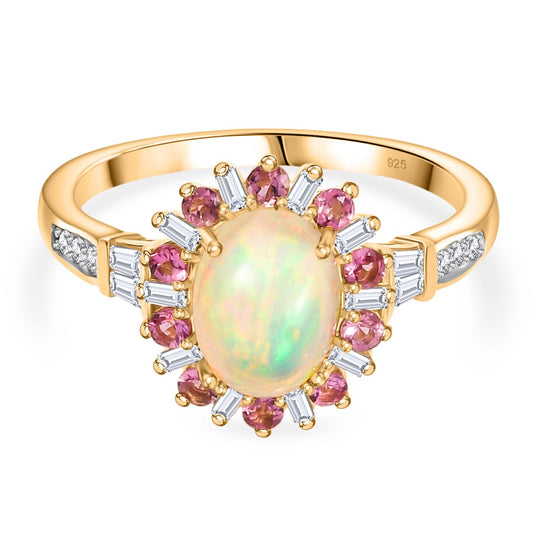 AA Natürlicher, äthiopischer Welo Opal, Rosa Turmalin Ring 925 Silber 750 Gelbgold Vermeil (Größe 21.00) ca. 1,95 ct