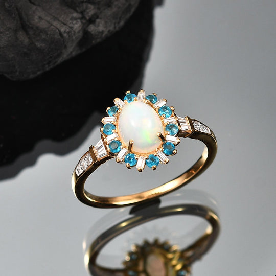 AA Natürlicher, äthiopischer Welo Opal, Neon Apatit Ring 925 Silber 750 Gelbgold Vermeil (Größe 21.00) ca. 1,97 ct