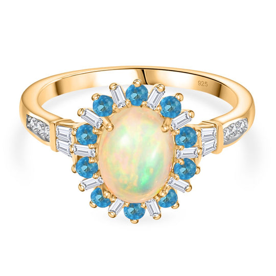 AA Natürlicher, äthiopischer Welo Opal, Neon Apatit Ring 925 Silber 750 Gelbgold Vermeil (Größe 21.00) ca. 1,97 ct