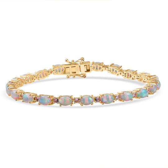 AA Natürliches, äthiopisches Welo Opal und rosa Saphir 19cm Armband, 925 Silber mit 750 Gelbgold Vermeil - 7,49 ct.