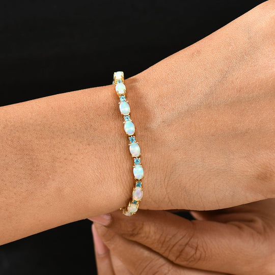 AA Natürliches, äthiopisches Welo Opal und rosa Saphir 19cm Armband, 925 Silber mit 750 Gelbgold Vermeil - 7,49 ct.