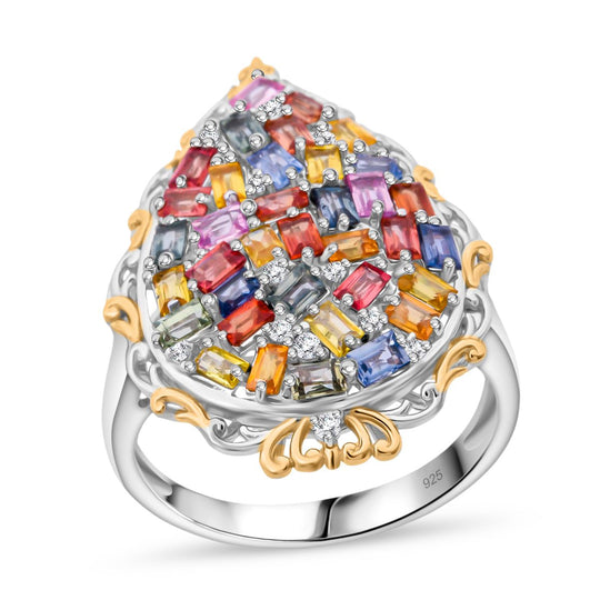 Mehrfarbiger Saphir, Weißer Zirkon Ring 925 Silber Gelbgold Vermeil (Größe 18.00) ca. 3.67 ct