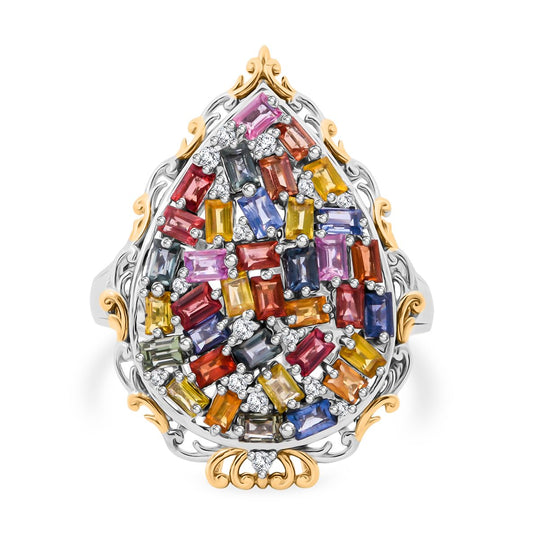 Mehrfarbiger Saphir, Weißer Zirkon Ring 925 Silber Gelbgold Vermeil (Größe 18.00) ca. 3.67 ct