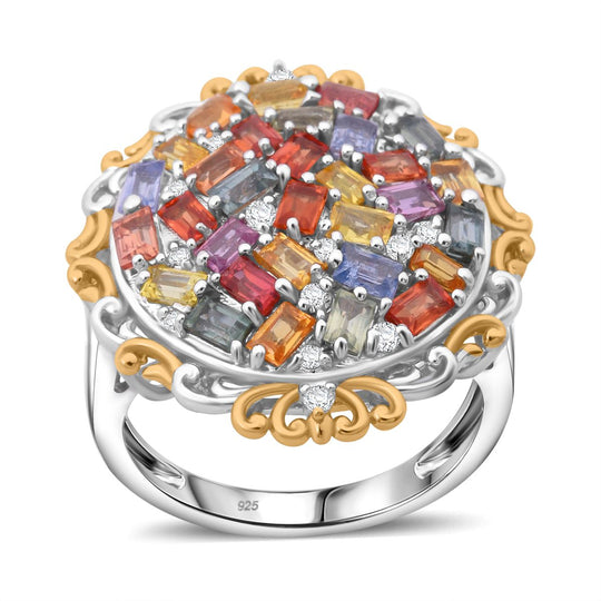 Mehrfarbiger Saphir, Weißer Zirkon Ring 925 Silber Gelbgold Vermeil (Größe 17.00) ca. 3.64 ct