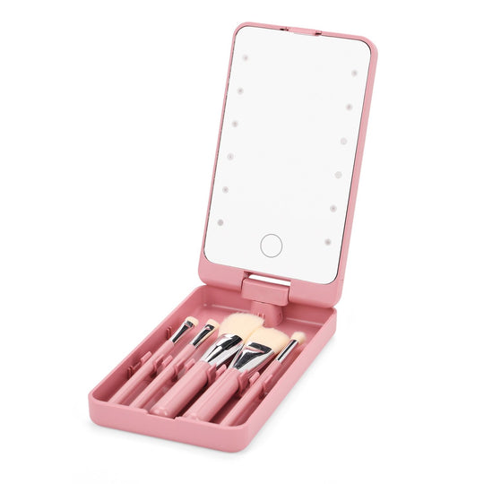 Aufbewahrungsbox mit LED-Spiegel und 5-teiligem Make-up-Pinselset, 16x9x3 cm, Grün