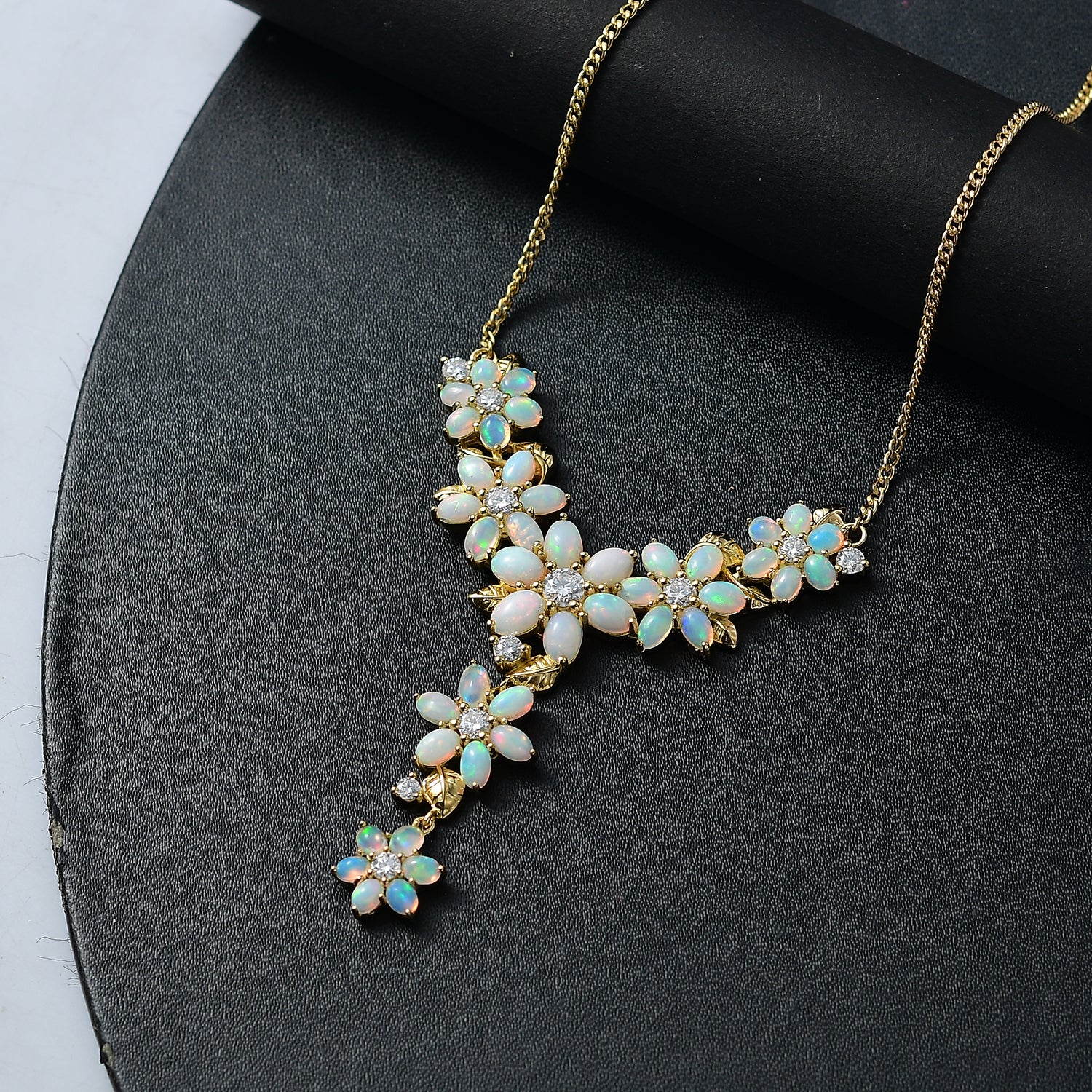 AA Natürlicher, äthiopischer Welo Opal, Moissanit Halskette ca. 45 cm 925 Silber 750 Gelbgold Vermeil ca. 9,51 ct.