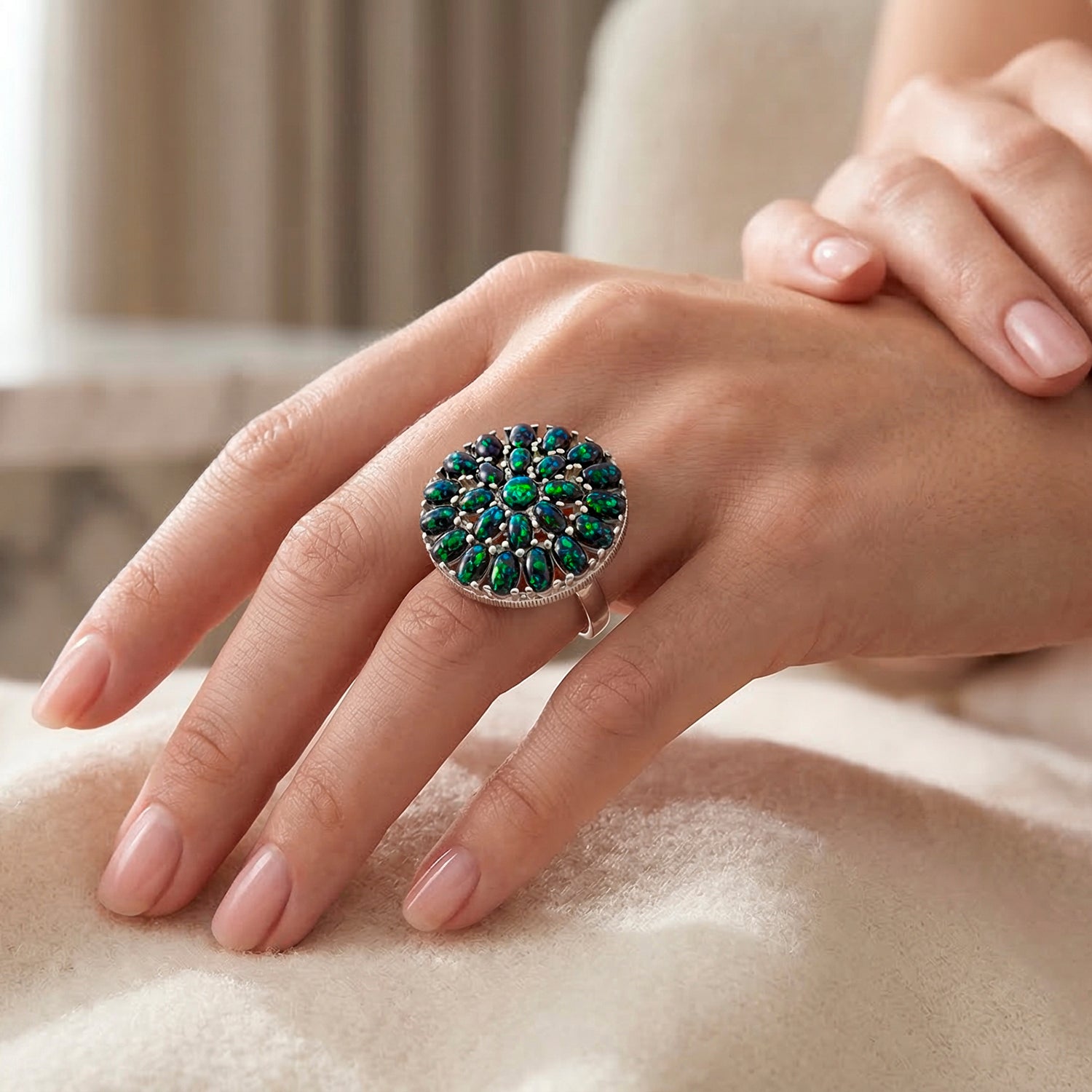 Simulierter schwarzer Opal Ring, flexibel (Größe 17.00-19.00), 316L Edelstahl