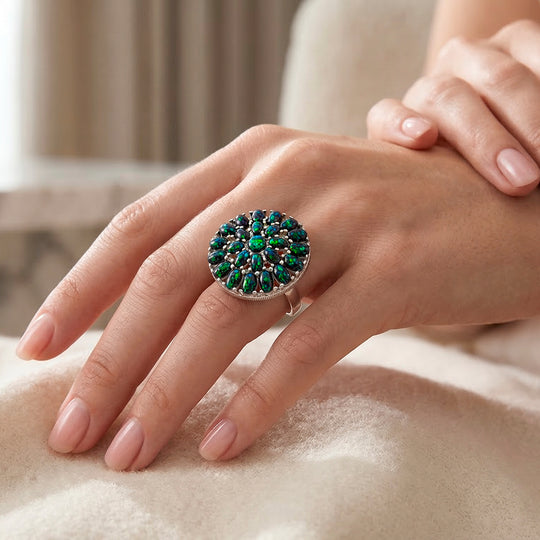 Simulierter schwarzer Opal Ring, flexibel (Größe 17.00-19.00), 316L Edelstahl