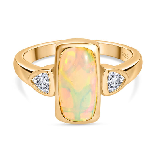 AA Natürlicher, äthiopischer Welo Opal, Moissanit Ring 925 Silber 750 Gelbgold Vermeil (Größe 21.00) ca. 1,76 ct